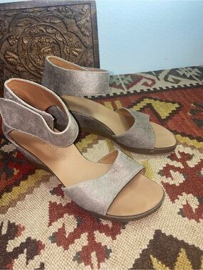 Paul Green Metallic Taupe Open-Toe Wedge Sandals with Ankle Cuff